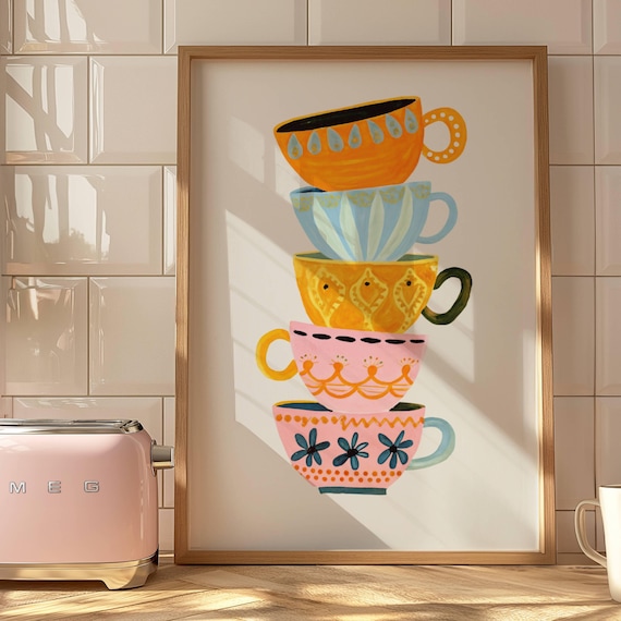 Stacked Tea Cups Wall Art Print Party Decor Grandmillennial Kitchen Colorful Cottagecore Printable Lover Gift