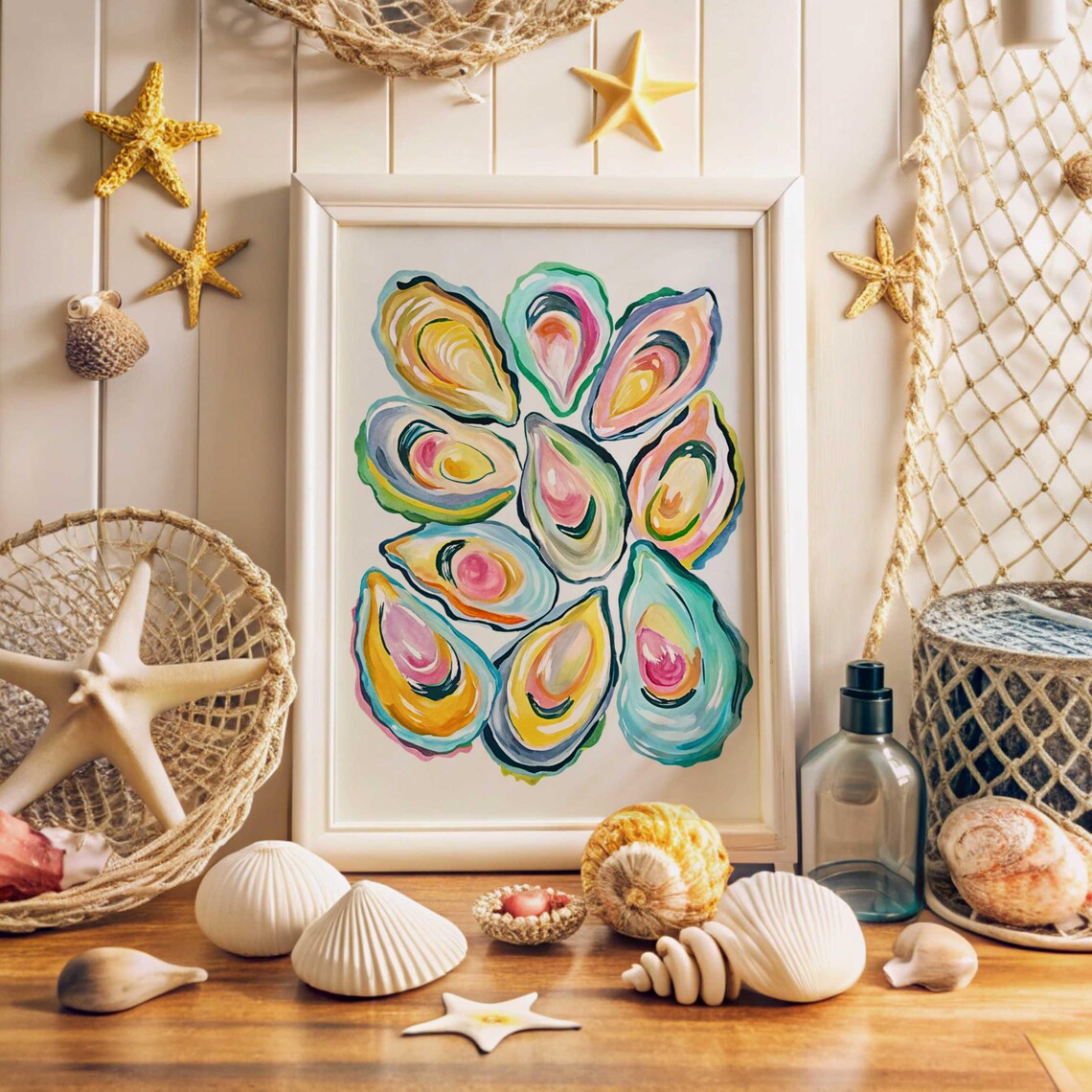 Oyster Shell Painting, Pastel Coastal Beach House