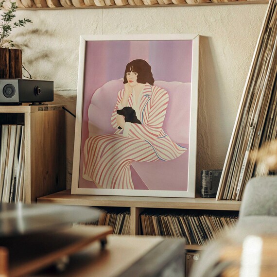 Pastel Pink Woman And Dog Art Print Modern Minimalist Decor