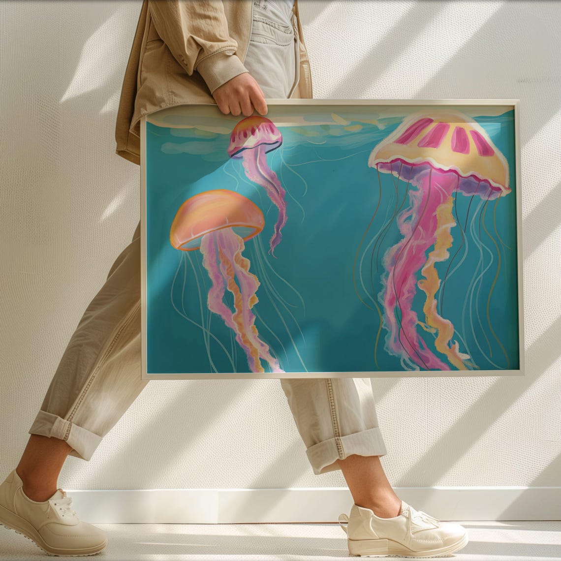 Pink Jellyfish Turquoise Watercolor Marine Ocean Wall Poster