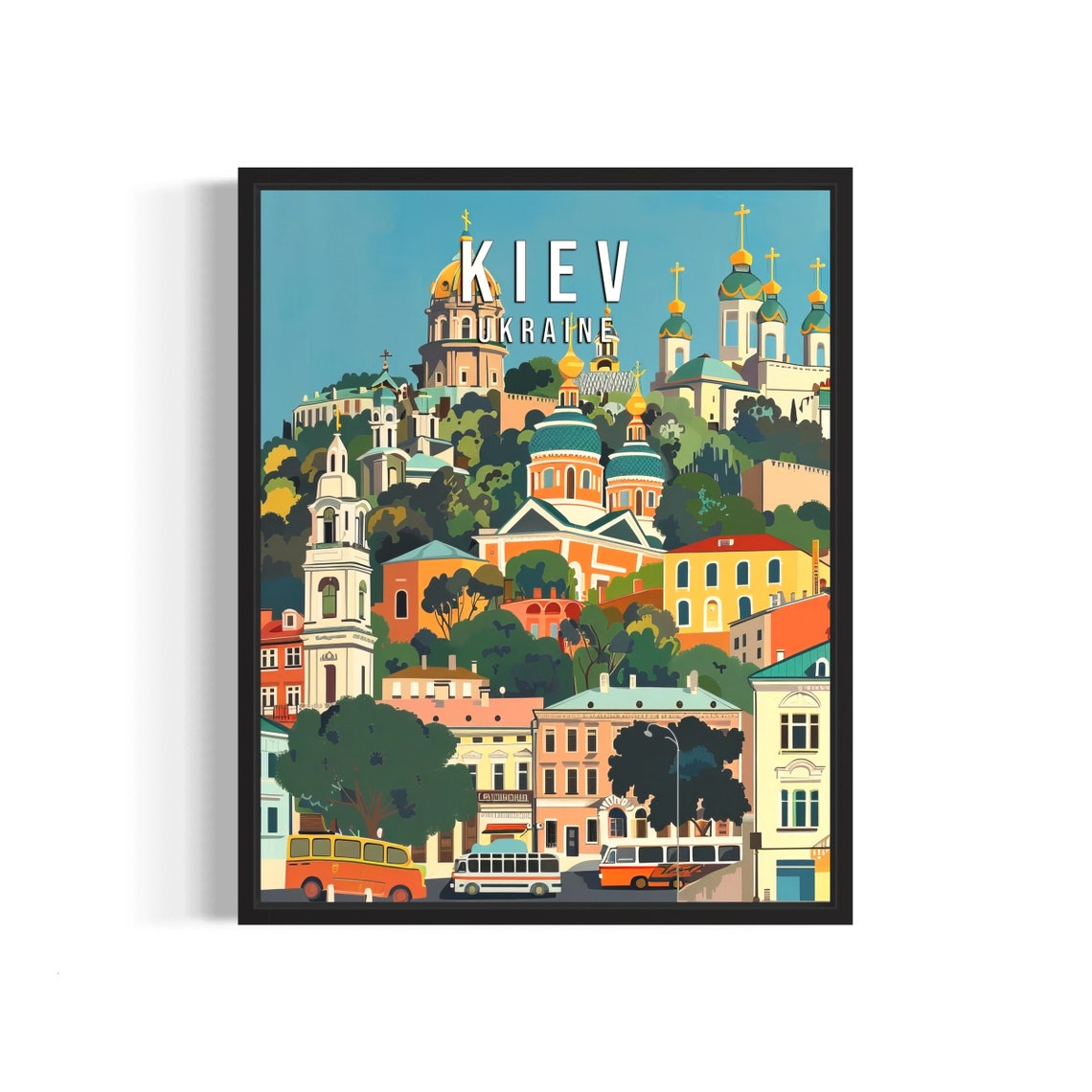 Kiev Ukraine Golden Domed Churches in Vintage Cityscape Poster
