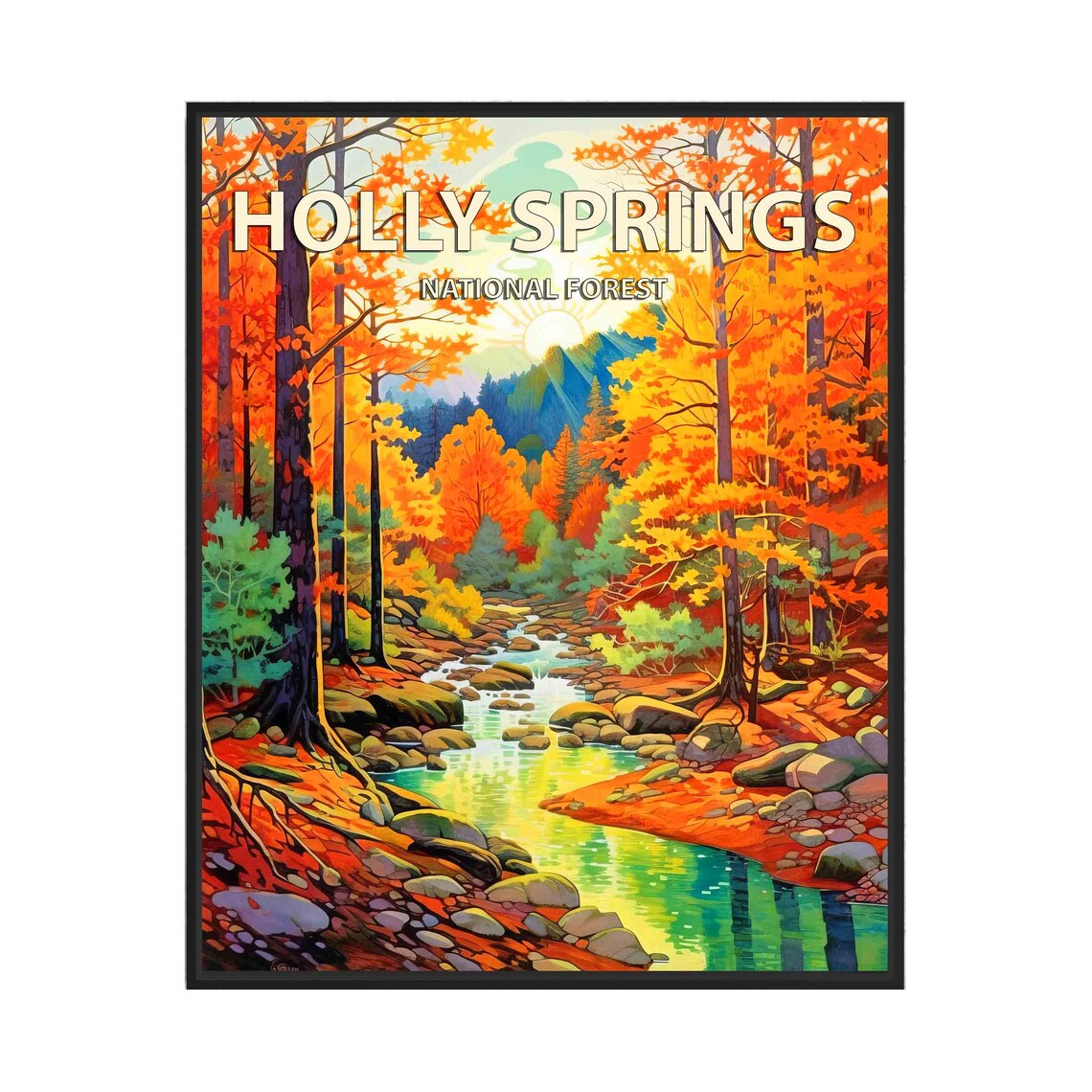 Holly Springs National Forest Autumn Creek Retro Travel Poster