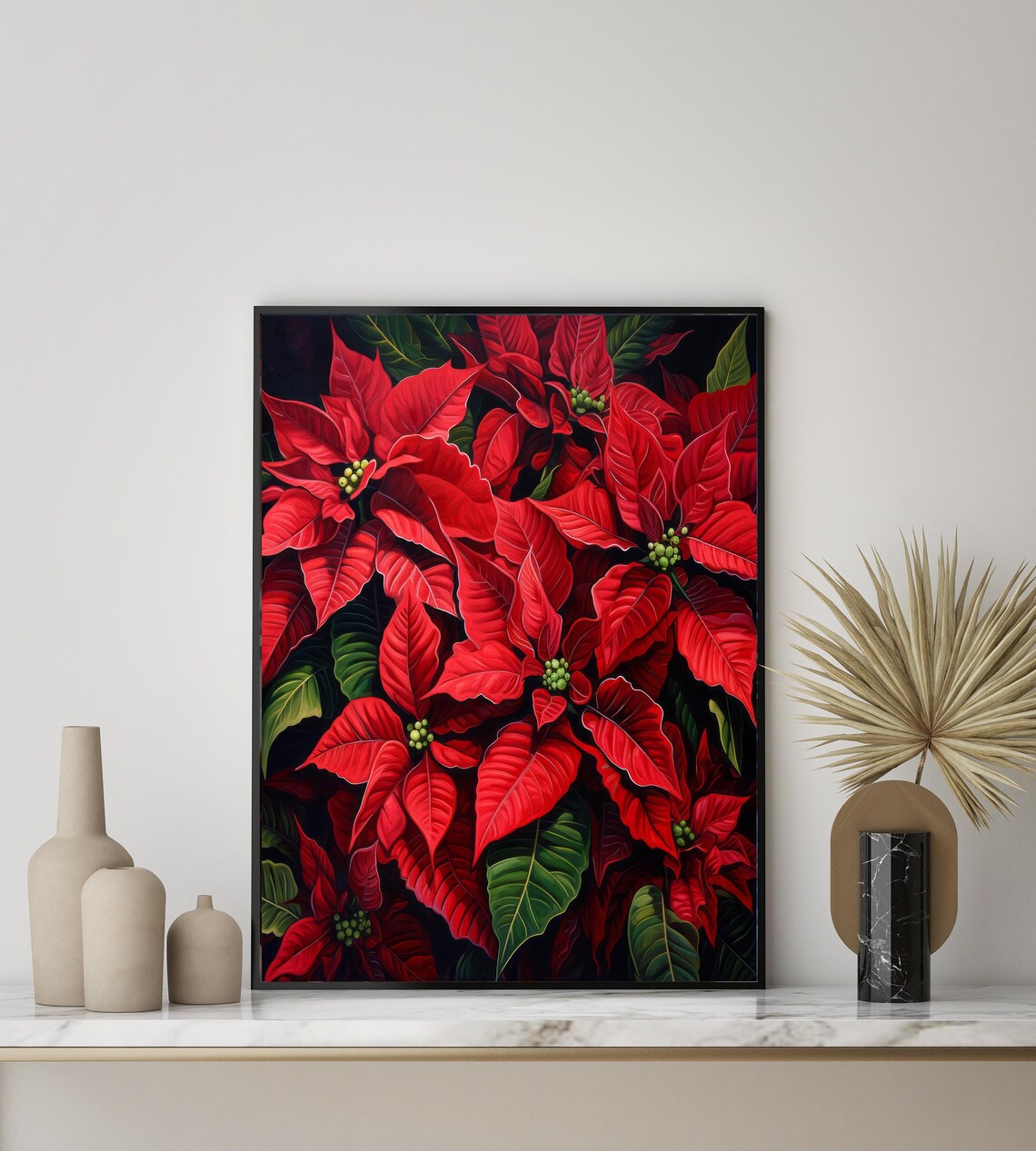 Red Poinsettias in Bloom Holiday Botanical Floral Art Poster - Image 3