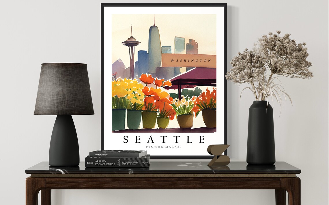 Seattle Flower Market Watercolor Poster Washington Skyline Travel Art - Image 2