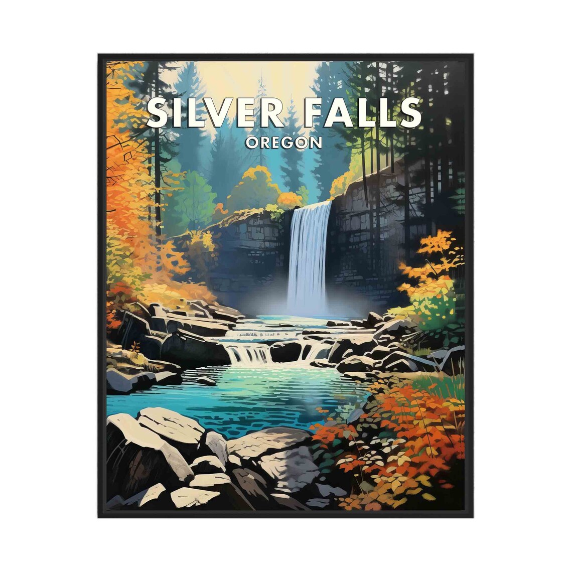 Silver Falls Oregon Autumn Waterfall Forest Retro Travel Poster