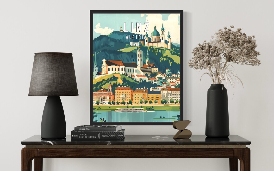 Linz Austria Travel Poster with Danube River Churches and Green Hills - Image 2