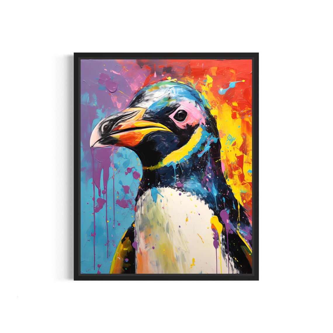 King Penguin Profile Rainbow Paint Splash Abstract Painting Poster