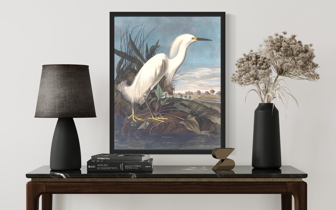 Snowy White Egret Wading in Marsh Vintage Naturalist Bird Art Print - Image 3