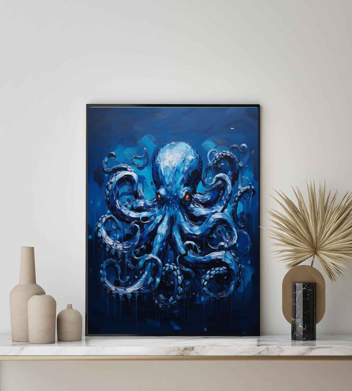 Deep Blue Octopus With Red Eyes Underwater Oil Paint Art Poster - Image 2