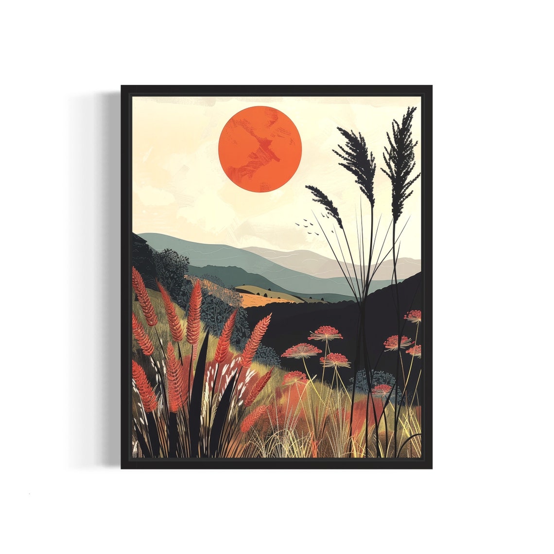 Red Sun Grassland Hills Modern Minimalist Landscape Style Poster