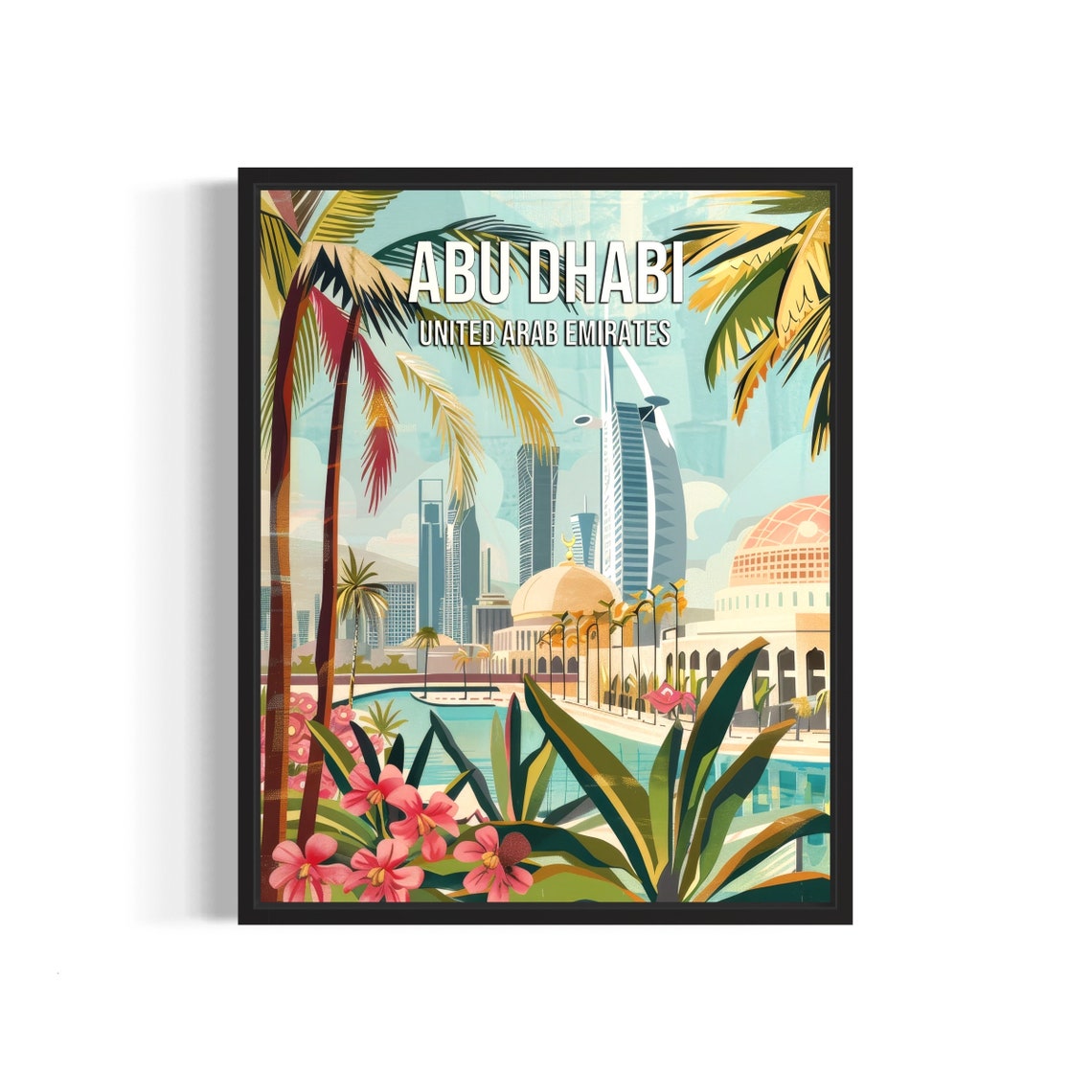 Abu Dhabi UAE City Skyline Poster with Mosque Domes and Palms