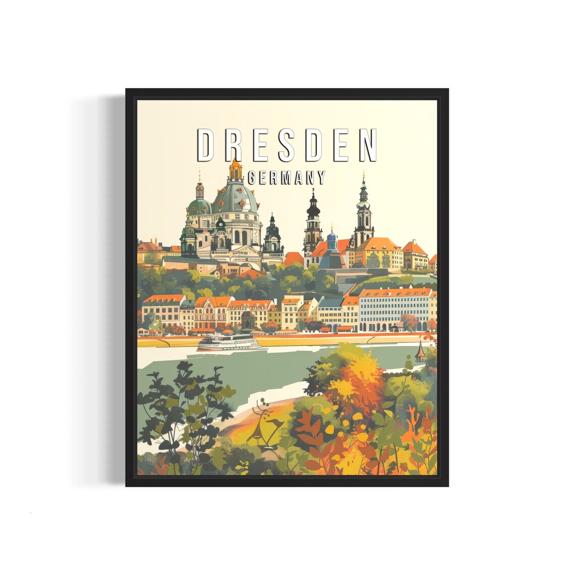 Dresden Germany Elbe River Old Town Skyline Illustrated Poster