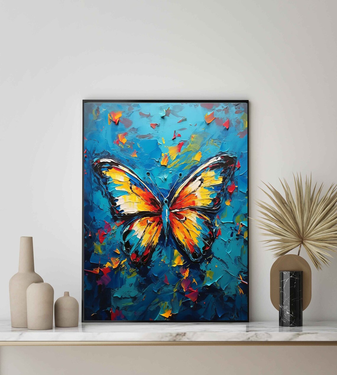 Orange Yellow Butterfly on Blue Textured Oil Painting Poster - Image 2