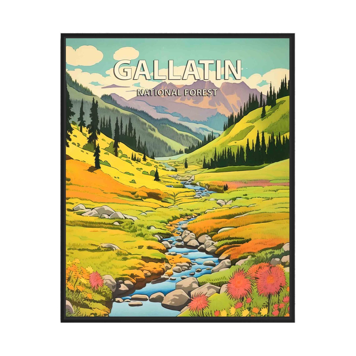 Gallatin National Forest Stream Meadow Wildflowers Retro Travel Poster