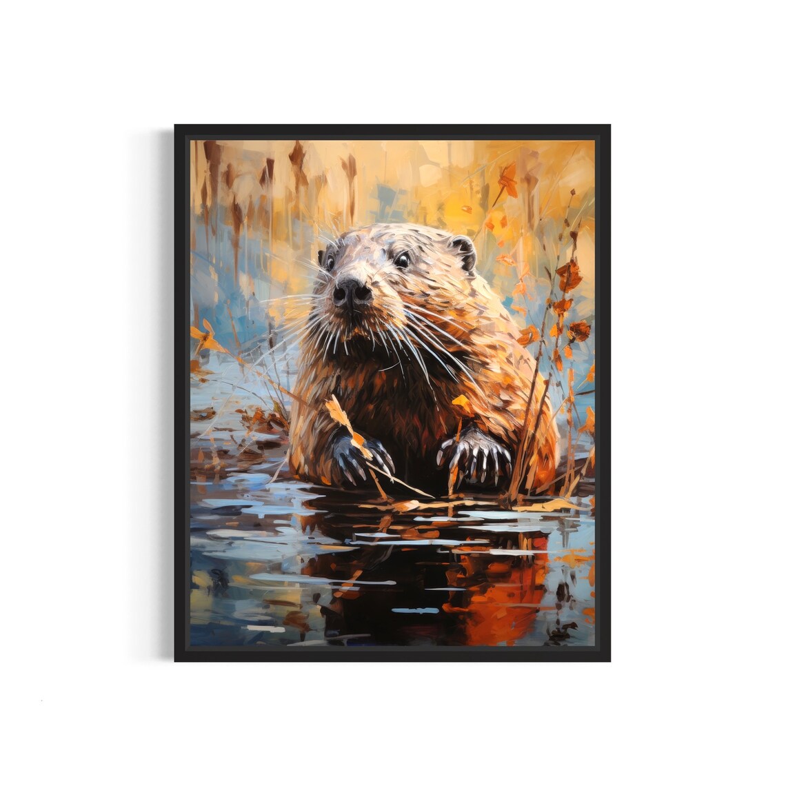 Beaver Wading In Golden Autumn Marsh Abstract Wildlife Painting Poster