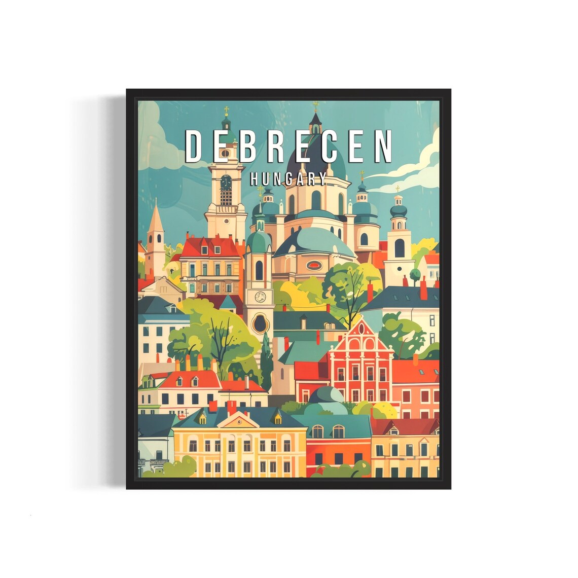 Debrecen Hungary Travel Poster with Cathedral Towers and City Rooftops