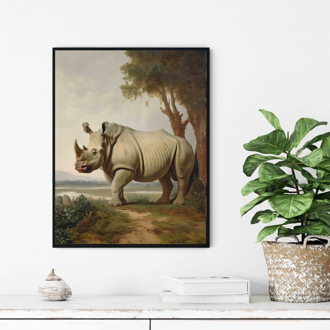 White Rhino at Riverbank Stately Vintage African Wildlife Poster - Image 3