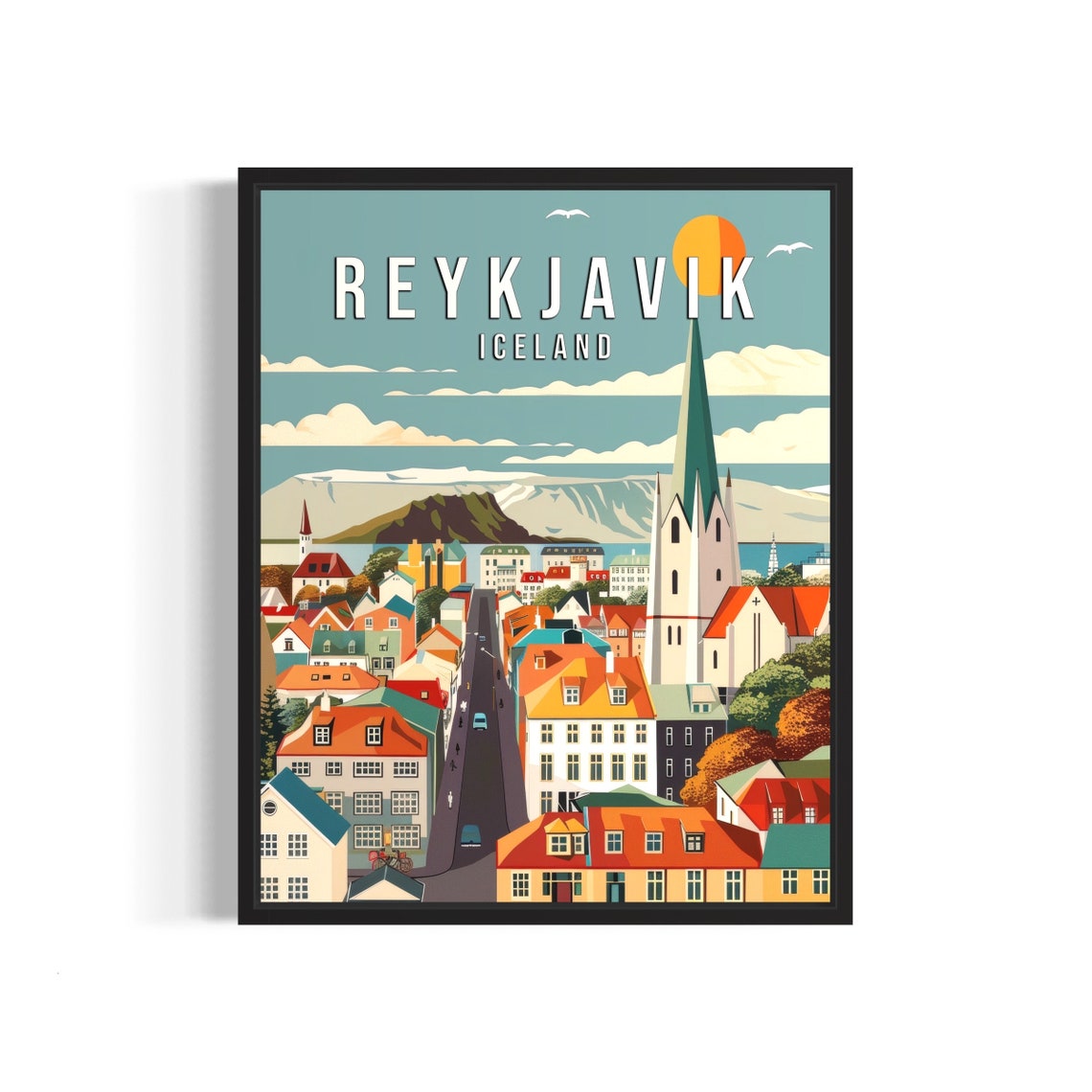 Reykjavik Retro Cityscape Church Spire Iceland Harbor Poster