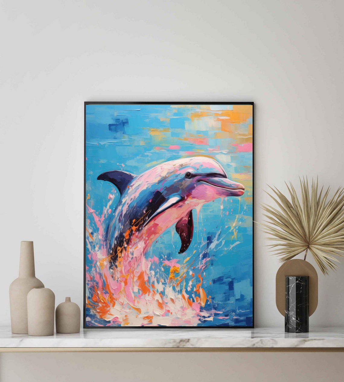 Leaping Dolphin Splashing Waves Blue Pink Ocean Wave Art Poster - Image 2