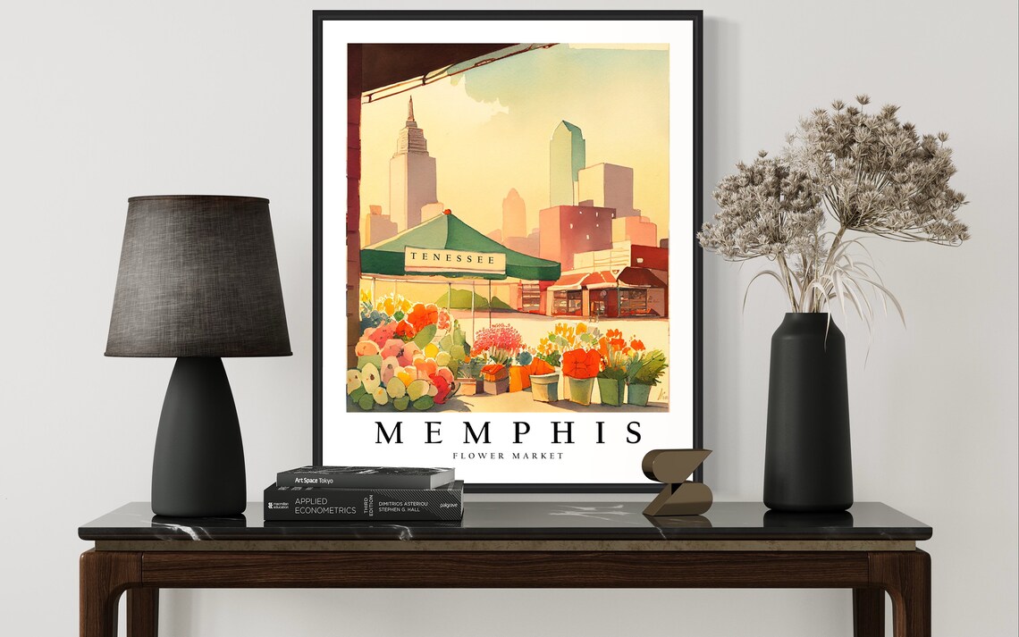 Memphis Flower Market Watercolor With City Skyline Behind Poster - Image 2