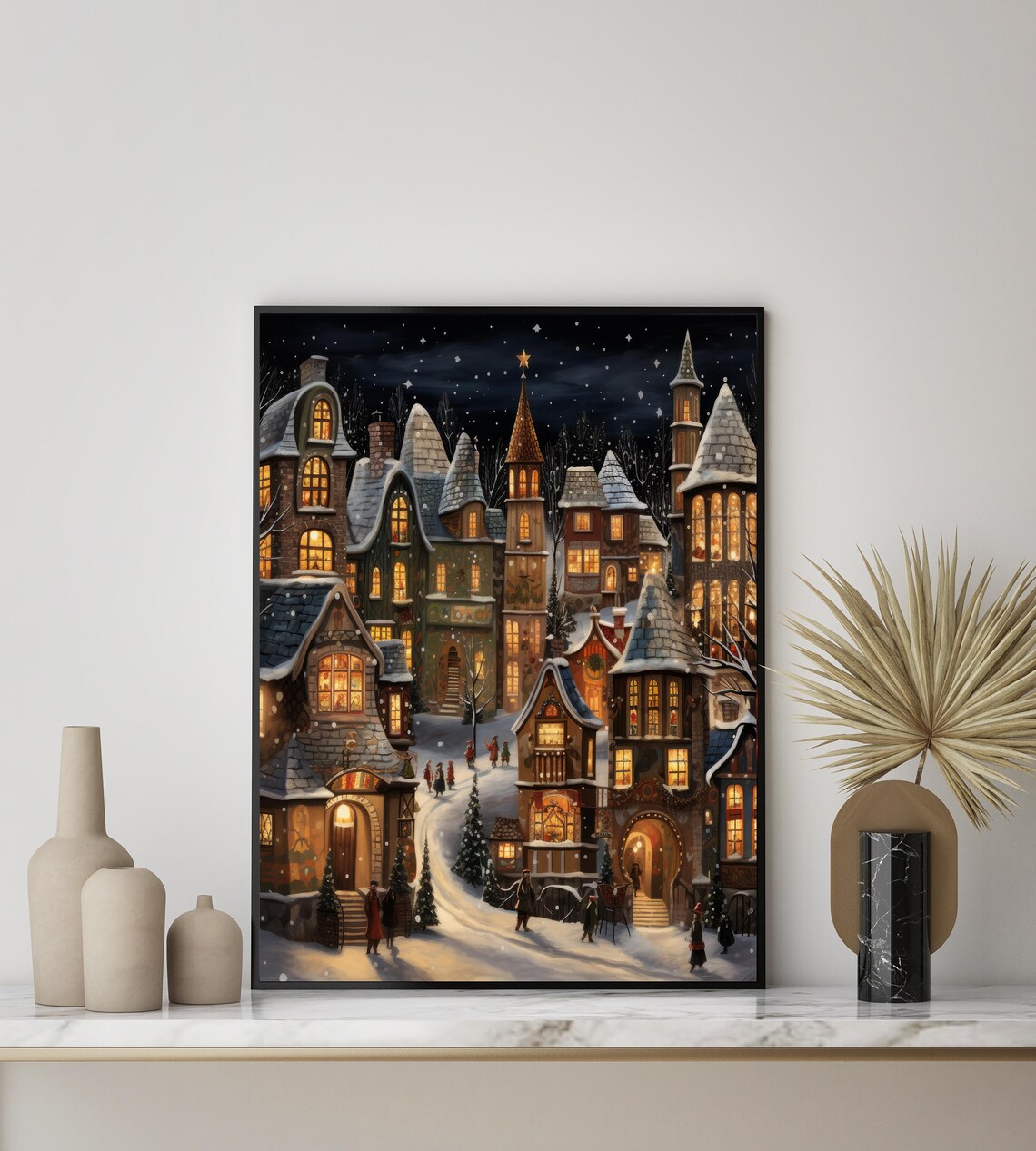 Snowy Christmas Village at Night Storybook Winter Town Art Poster - Image 3