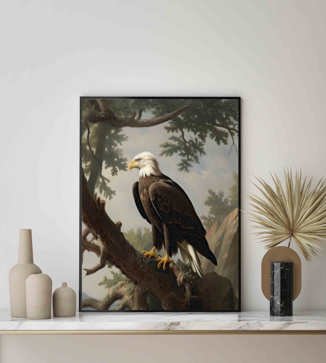 American Bald Eagle Perched Branch Vintage Style Raptor Wall Art - Image 2