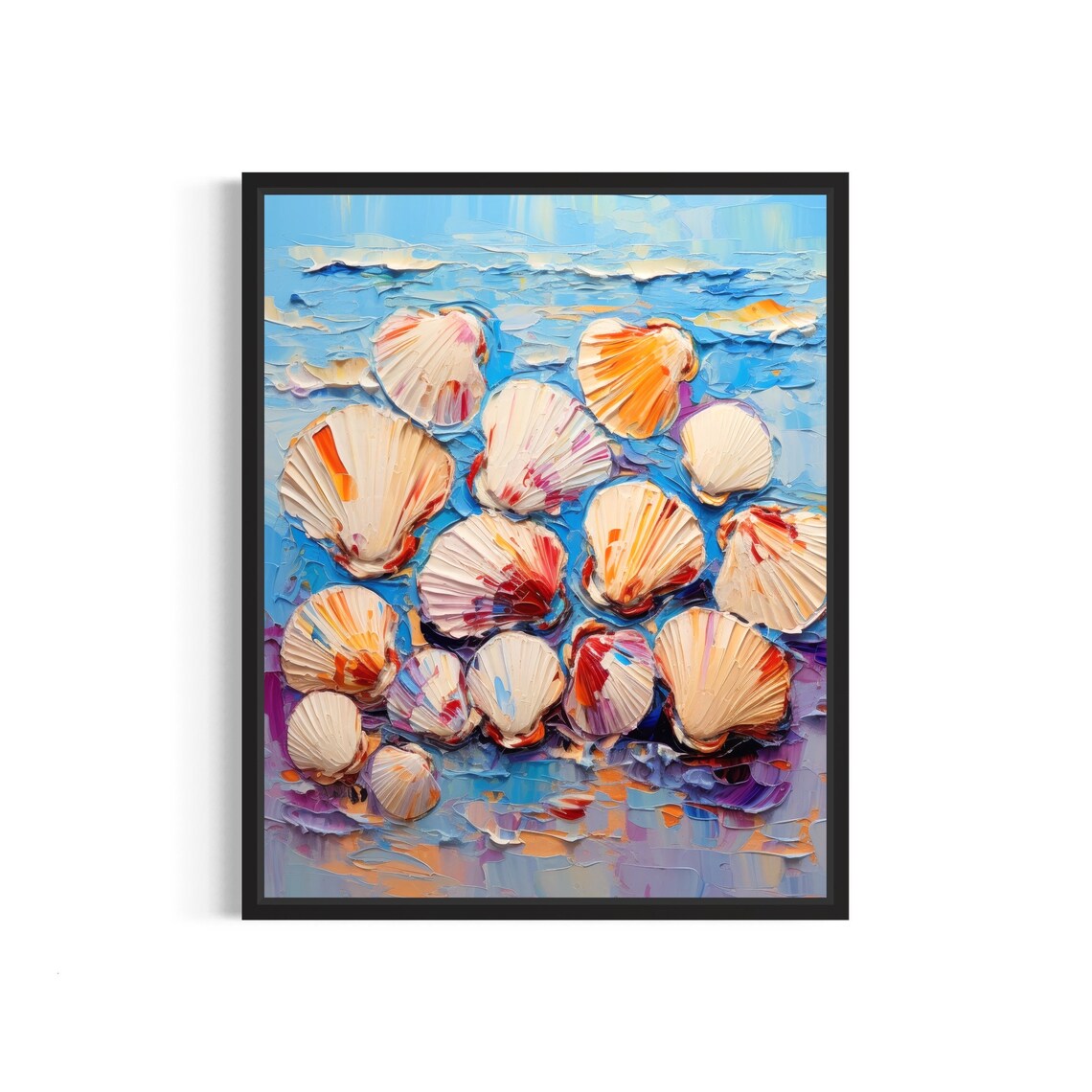 Scallop Seashells Blue Ocean Impasto Oil Painting Style Art Poster