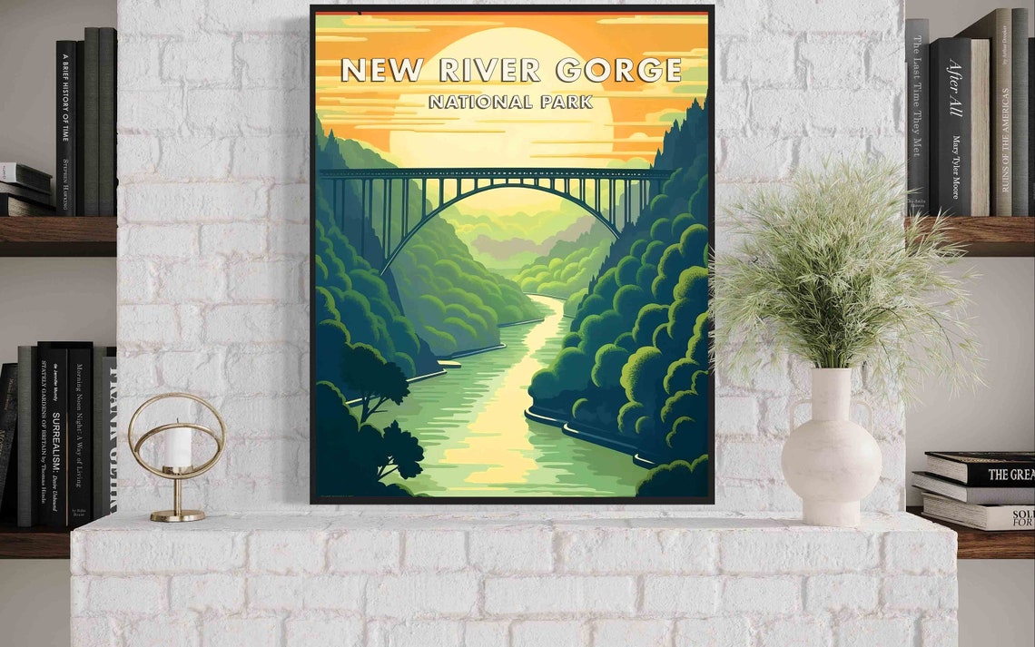New River Gorge National Park Steel Bridge Sunset Retro Poster - Image 2