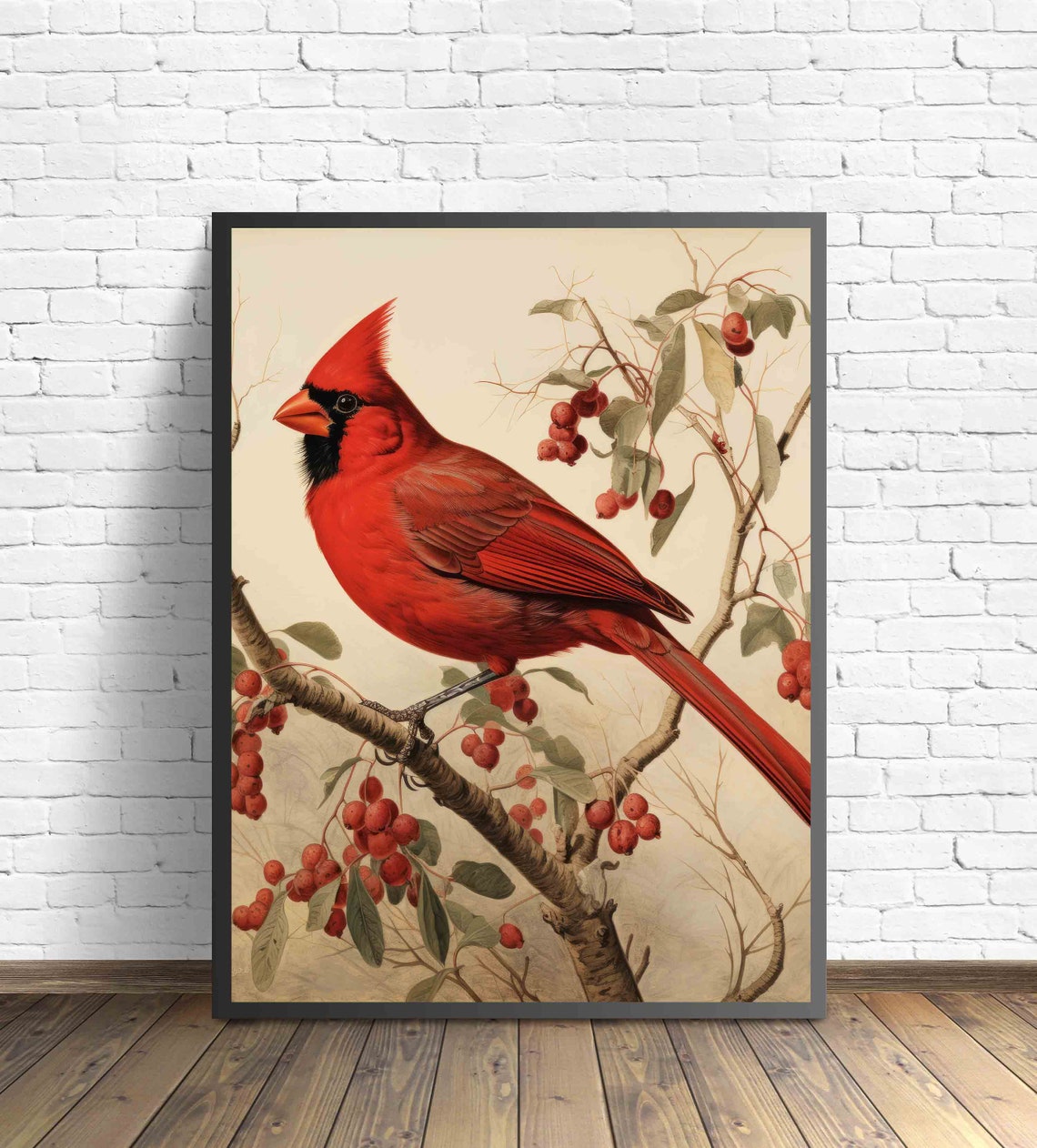Northern Cardinal on Berry Branch Vintage Audubon Style Art Poster