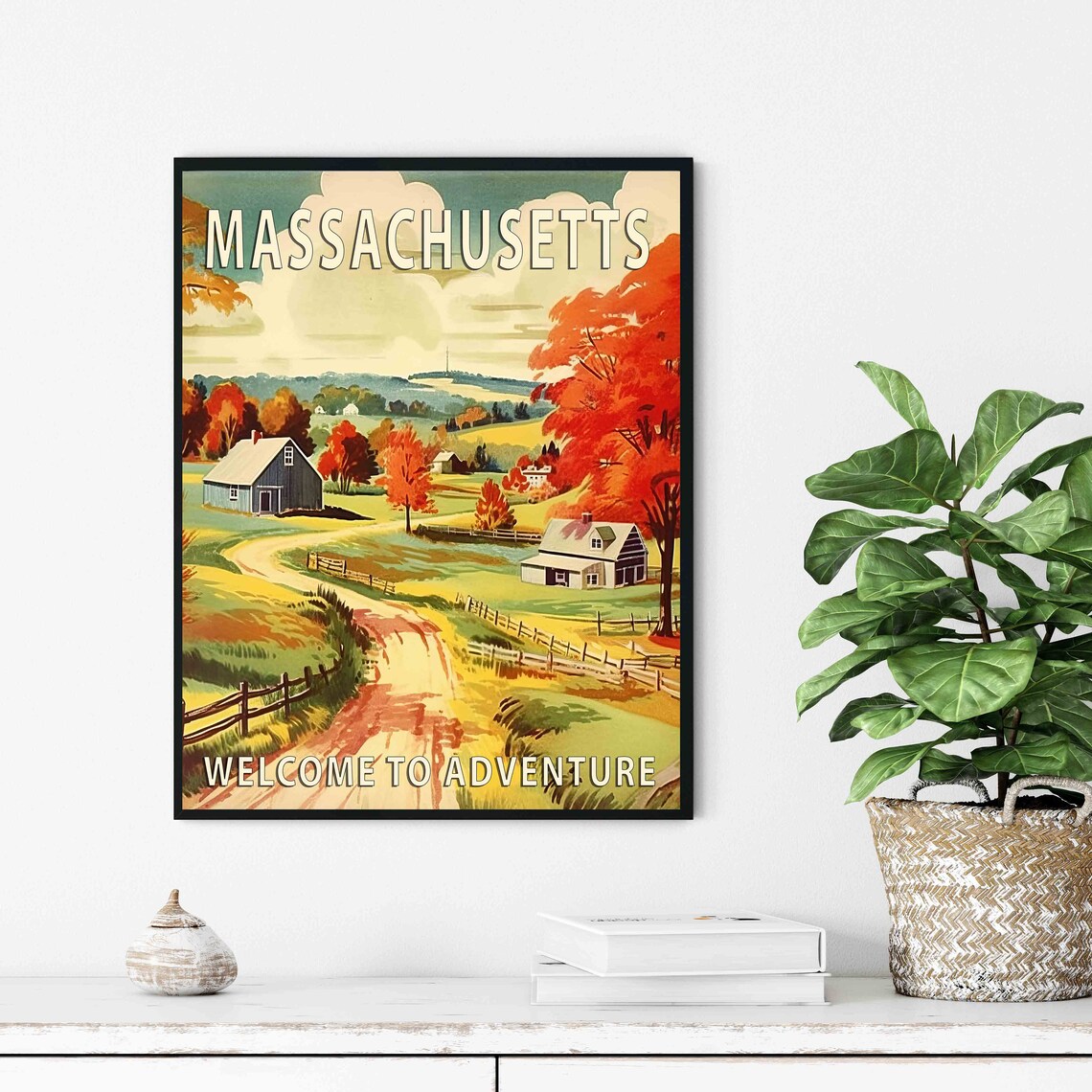 Massachusetts Fall Foliage Countryside Farm Retro Travel Poster - Image 2