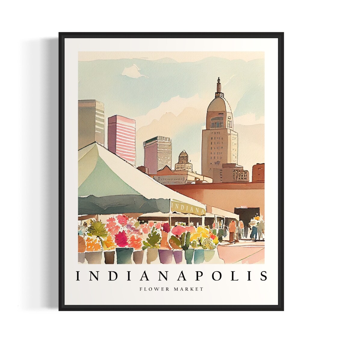Indianapolis Flower Market Watercolor City Skyline Decor Poster