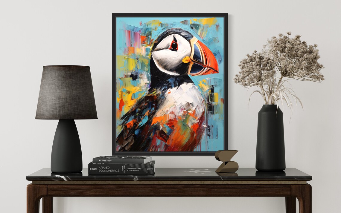 Colorful Atlantic Puffin Orange Beak Abstract Oil Painting Poster - Image 2