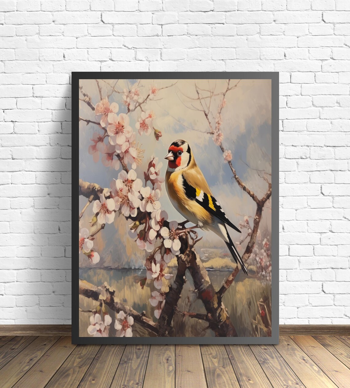European Goldfinch on Cherry Blossom Branch Vintage Bird Art Poster - Image 3