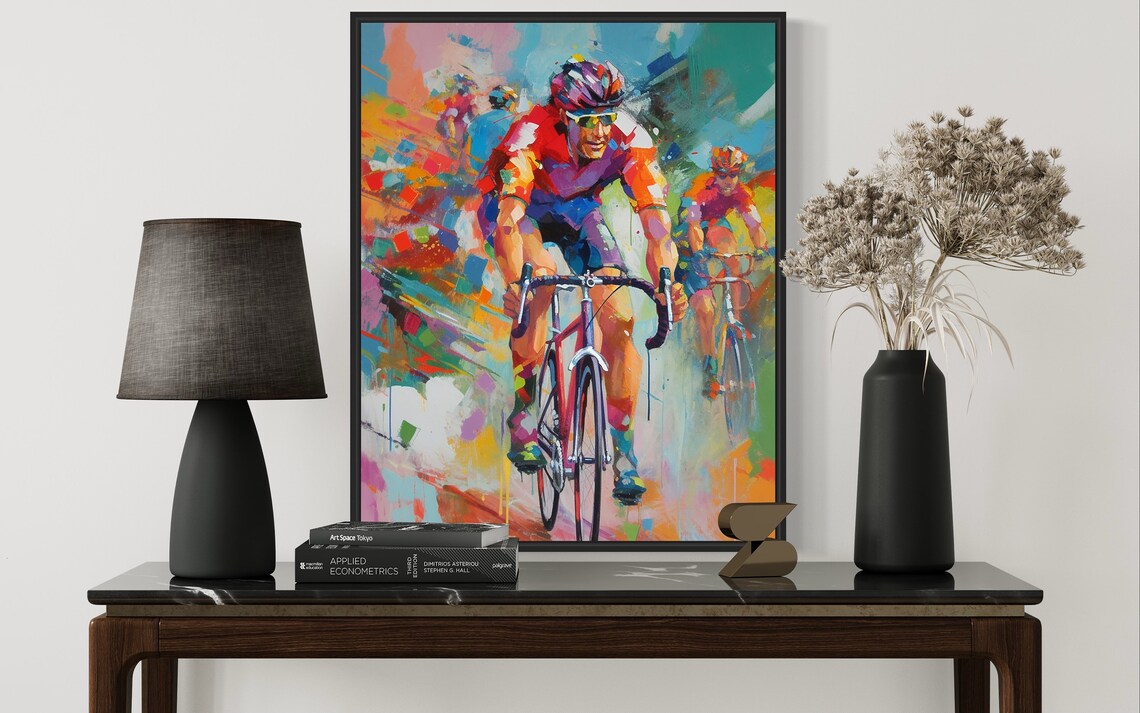 Cyclist Road Race Sprint Finish Colorful Action Painting Poster - Image 2