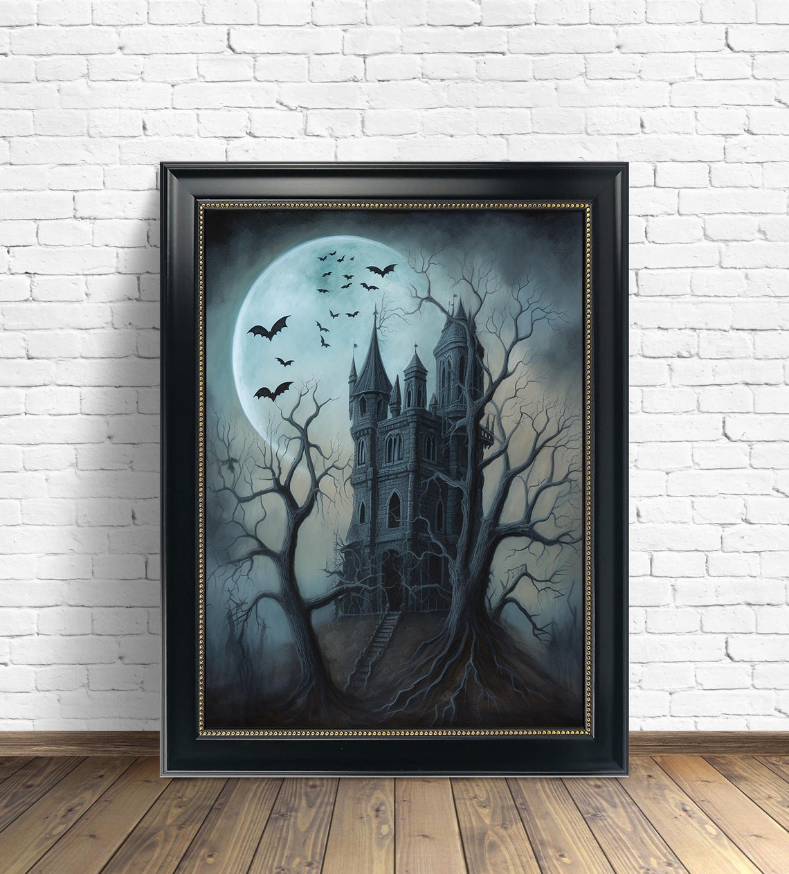 Spooky Haunted House Full Moon Bats Gothic Horror Art Poster - Image 2