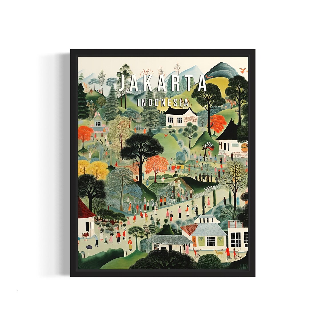 Jakarta Indonesia Village Folk Art Scene Vintage Travel Poster