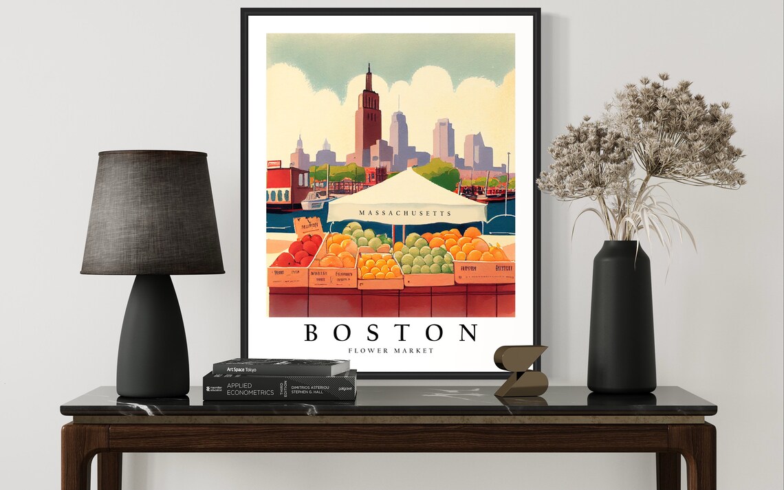 Boston Flower Market Watercolor Fruit Stands City Skyline Poster - Image 2