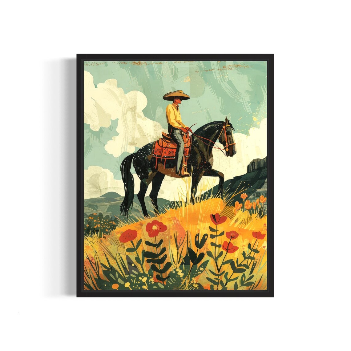 South American Gaucho Riding a Horse Through a Poppy Field Poster