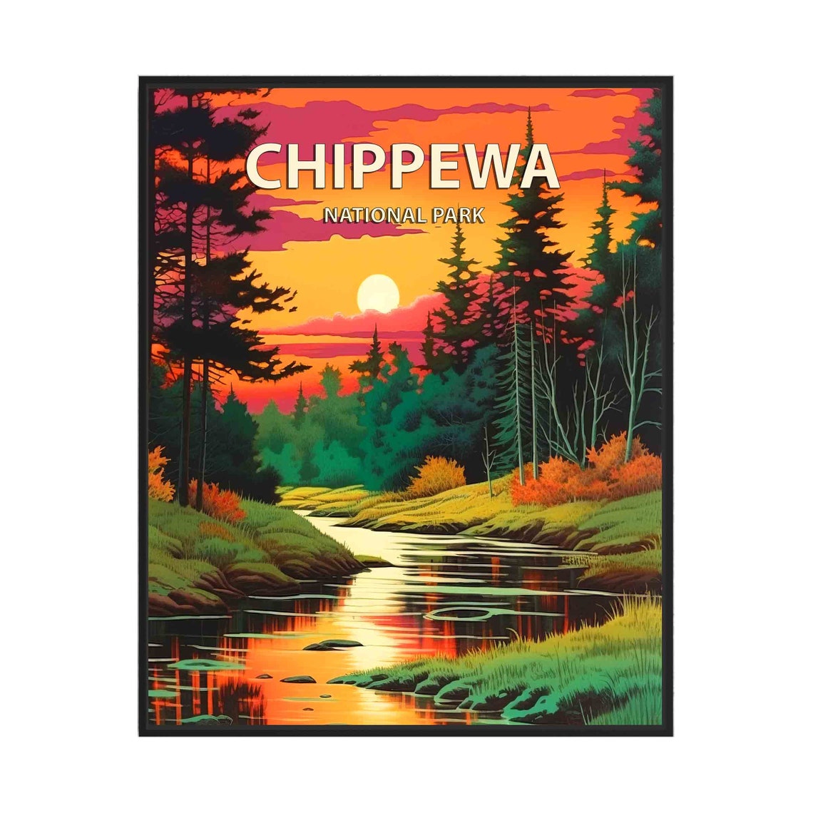 Chippewa National Park Sunset River Pines Retro Travel Poster