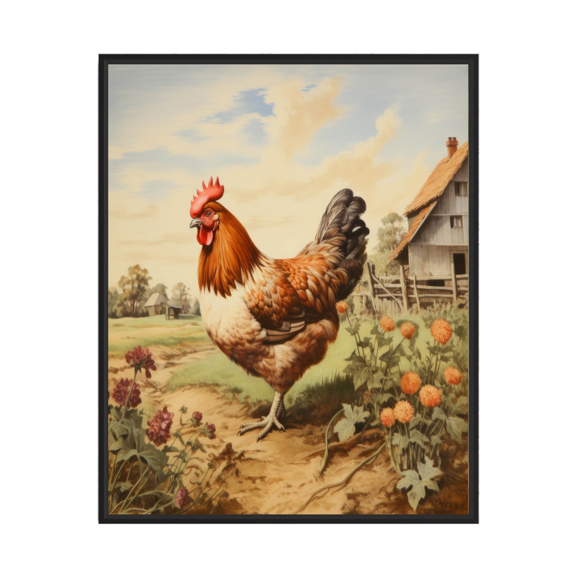 Proud Red Rooster Strutting Through A Blooming Farm Garden Poster
