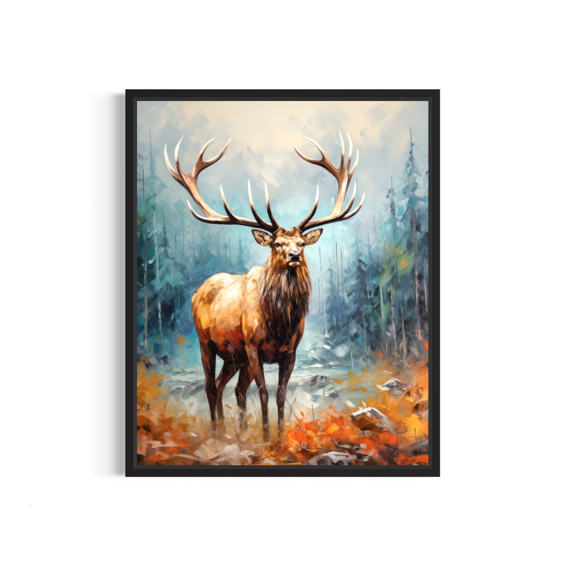 Majestic Elk Bull Misty Pine Forest Autumn Morning Painting Poster