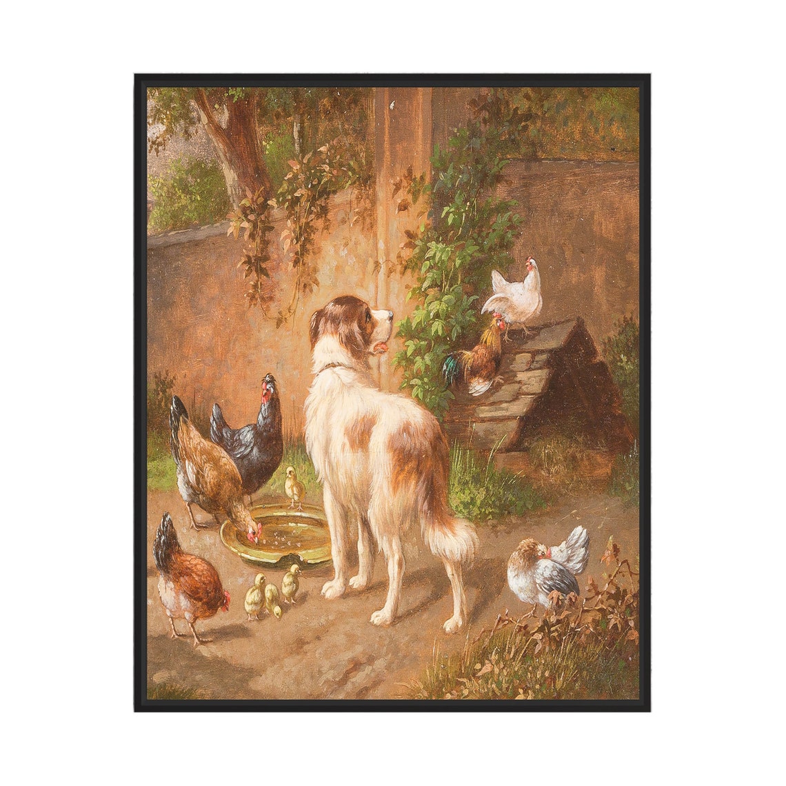 Gentle Dog Watching Over Chickens In A Rustic Farmyard Poster