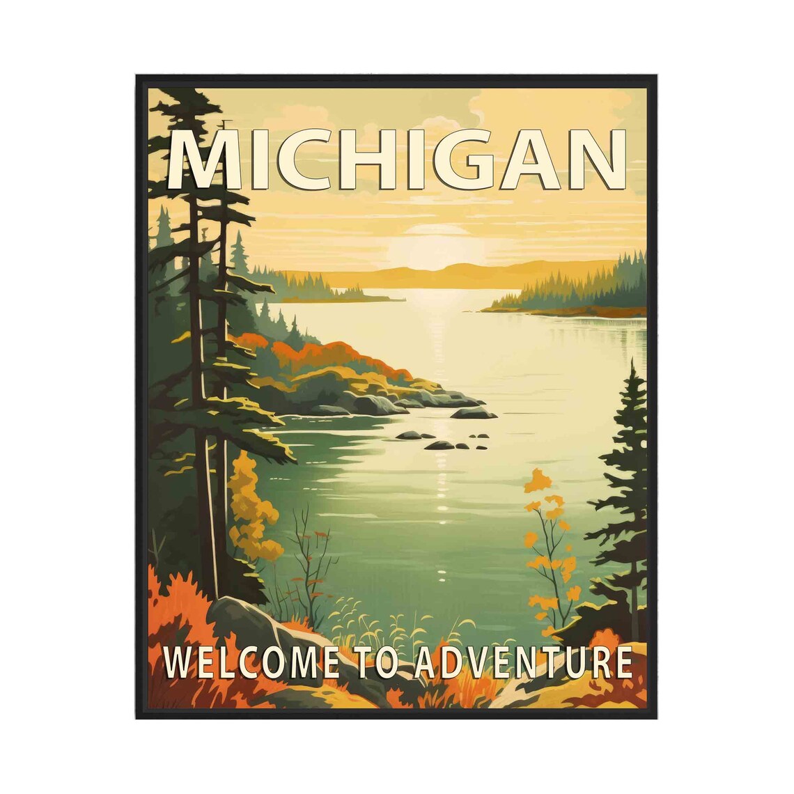 Michigan Welcome to Adventure Autumn Lakeshore Vintage Travel Poster