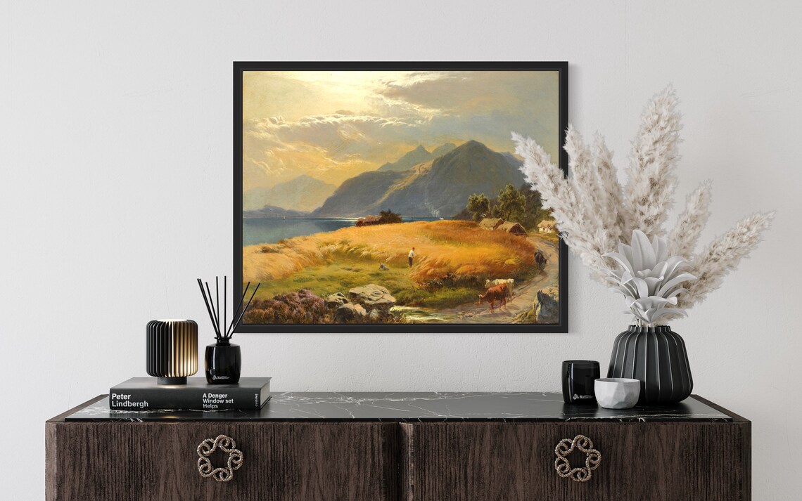 Wheat Harvest Field By Lake Mountains Vintage Farm Art Poster - Image 2