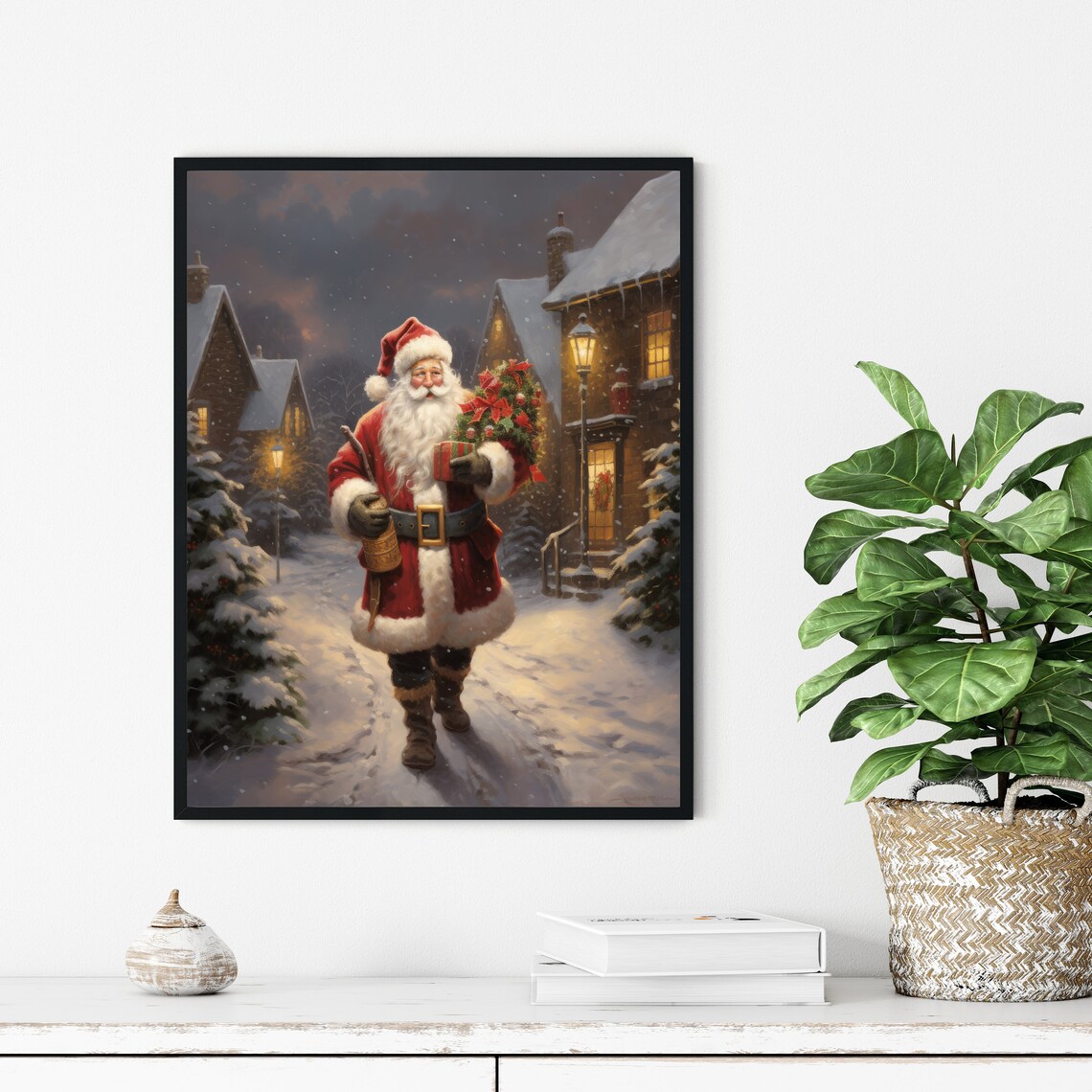 Santa Claus Walking Snowy Village Lane with Wreath Christmas Poster - Image 3