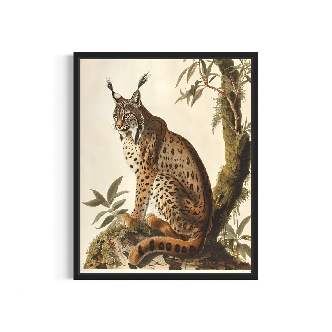 Vintage Iberian Lynx Seated Among Mossy Rocks Botanical Art Poster