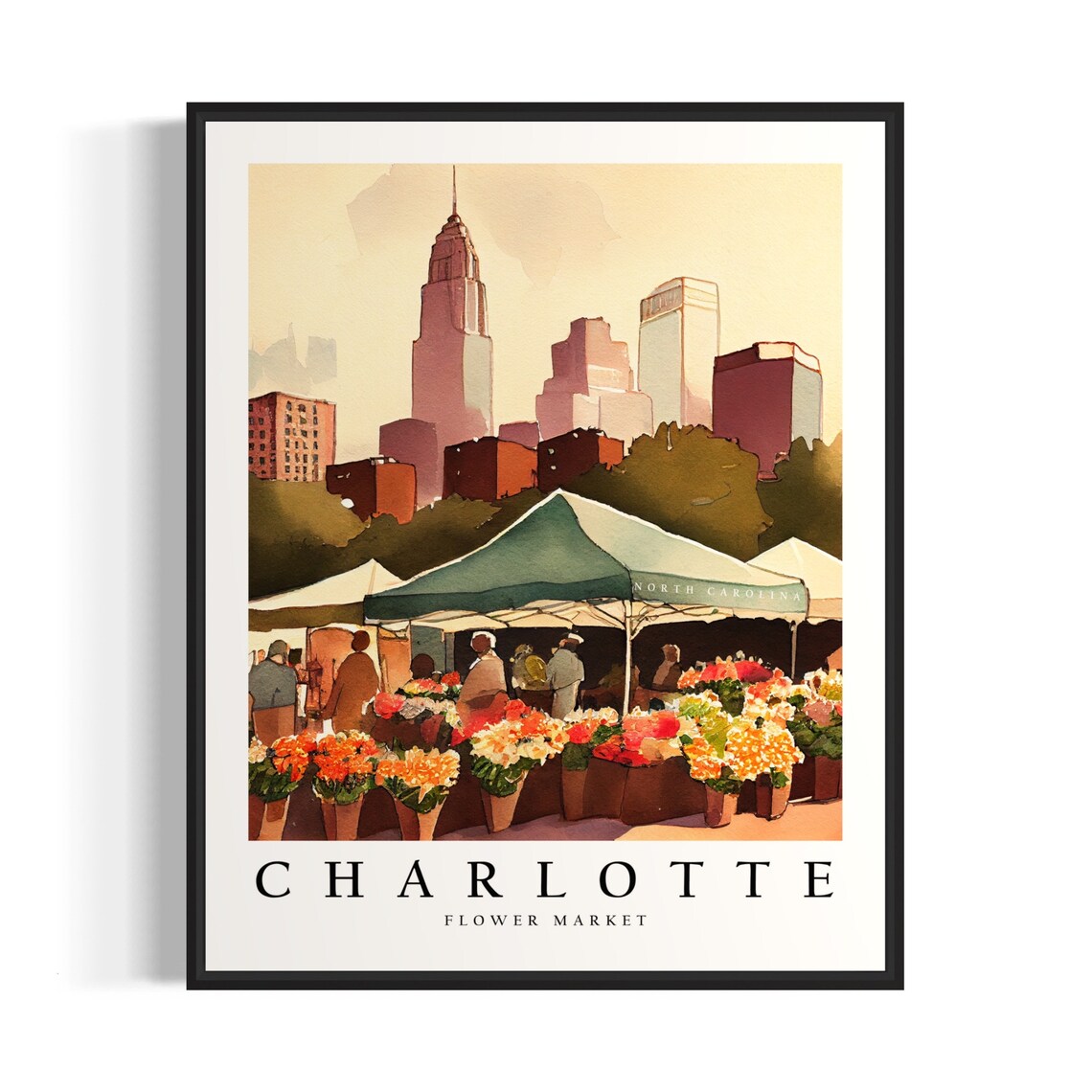 Charlotte Flower Market Watercolor North Carolina Skyline Poster