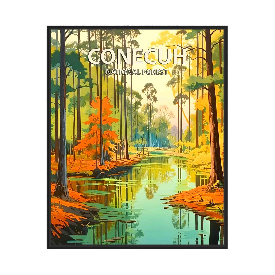 Conecuh National Forest Autumn Wetland Pine Reflection Travel Poster