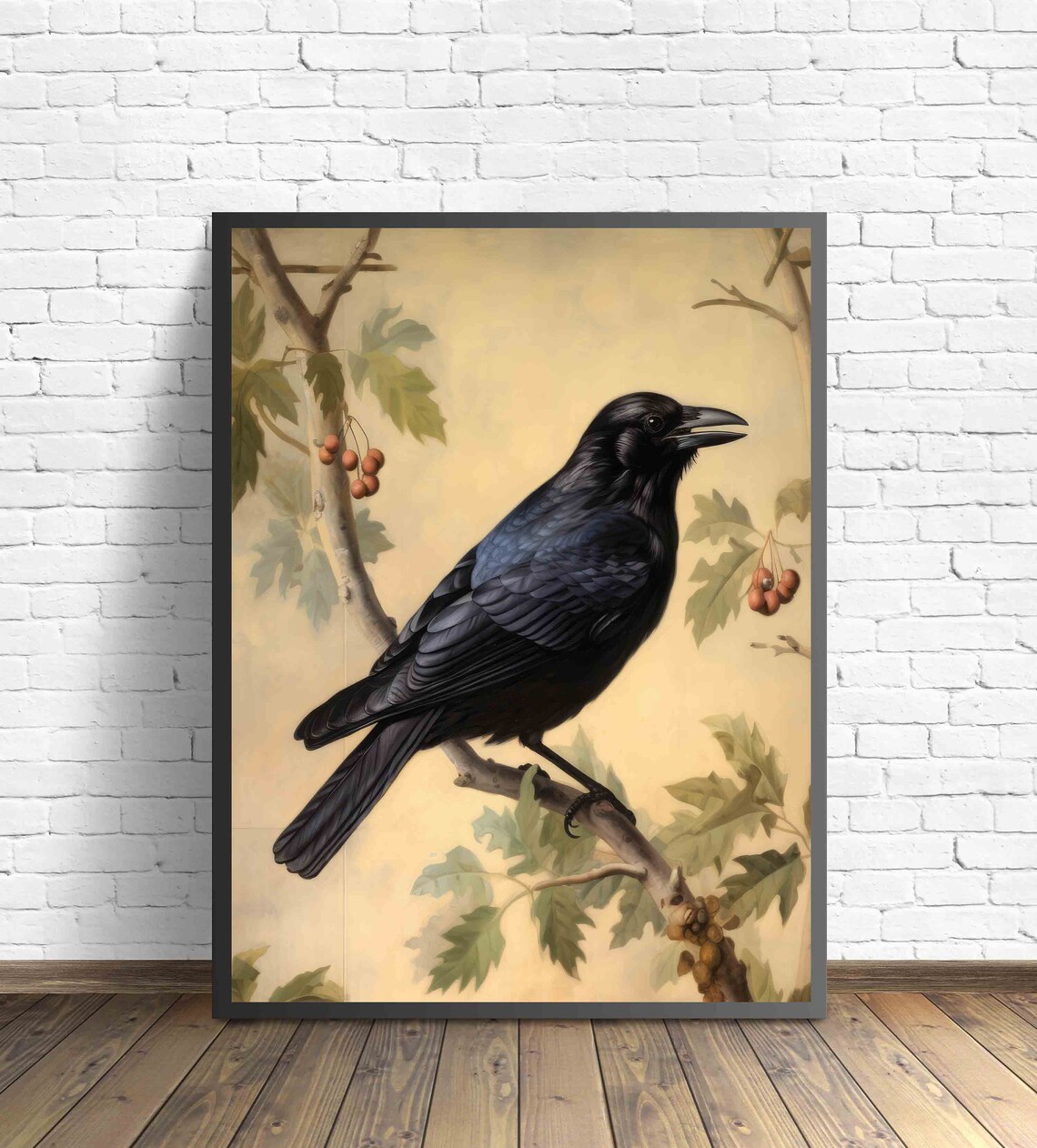 Black Crow Vintage Naturalist Illustration Berry Branch Poster