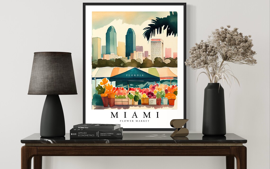 Miami Flower Market Stall Skyline Watercolor Travel Art Poster - Image 2